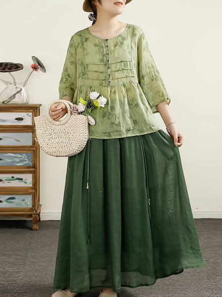 Women Summer Artsy Floral Button Spliced O-Neck Ramie Shirt HH003 BUYKUD