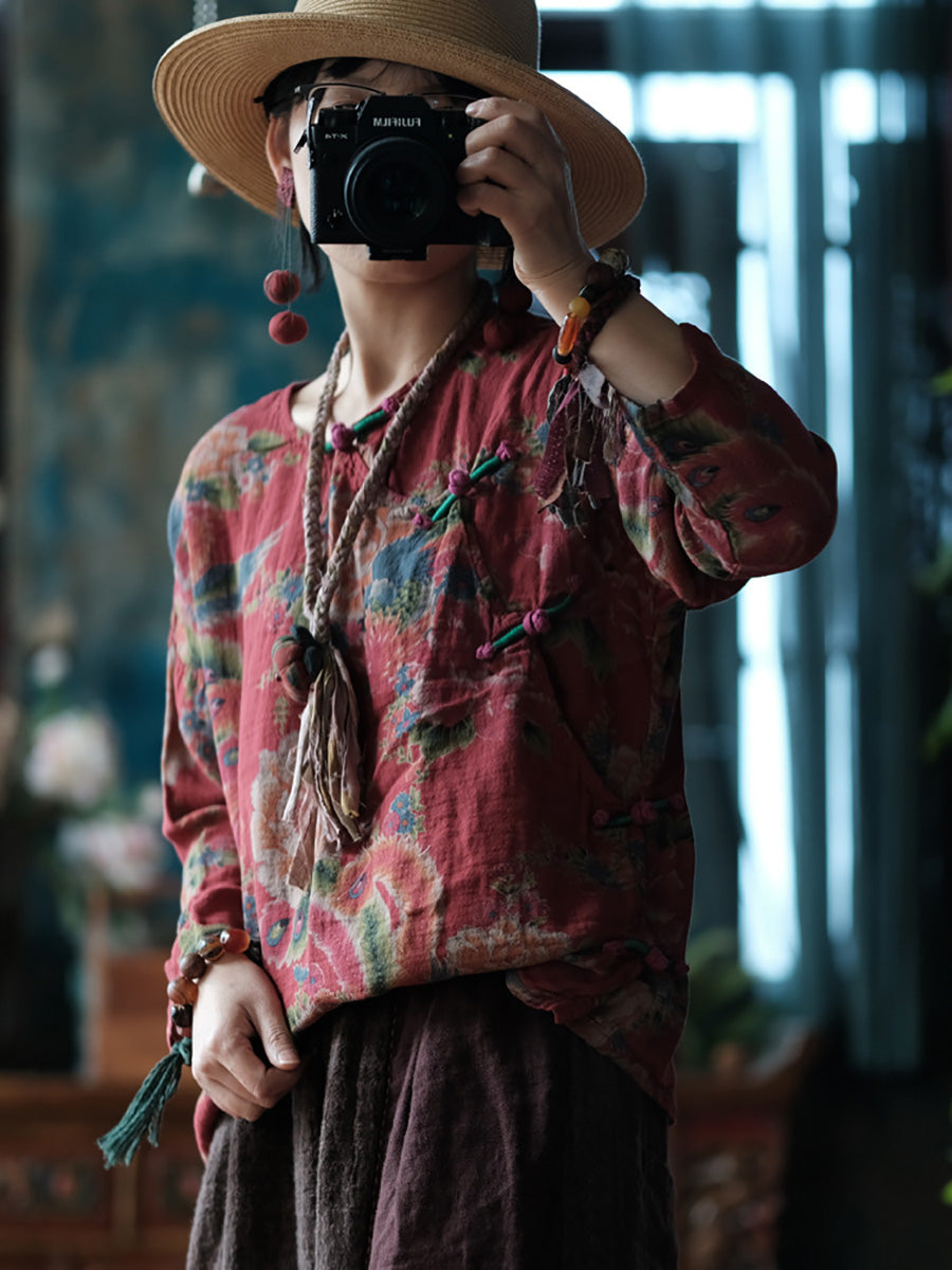 Women Ethnic Summer Flower Cotton Loose Shirt CO1014 Ada Fashion