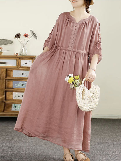 Women Summer Artsy Pure Color V-Neck Ramie Dress HH018 XJYF