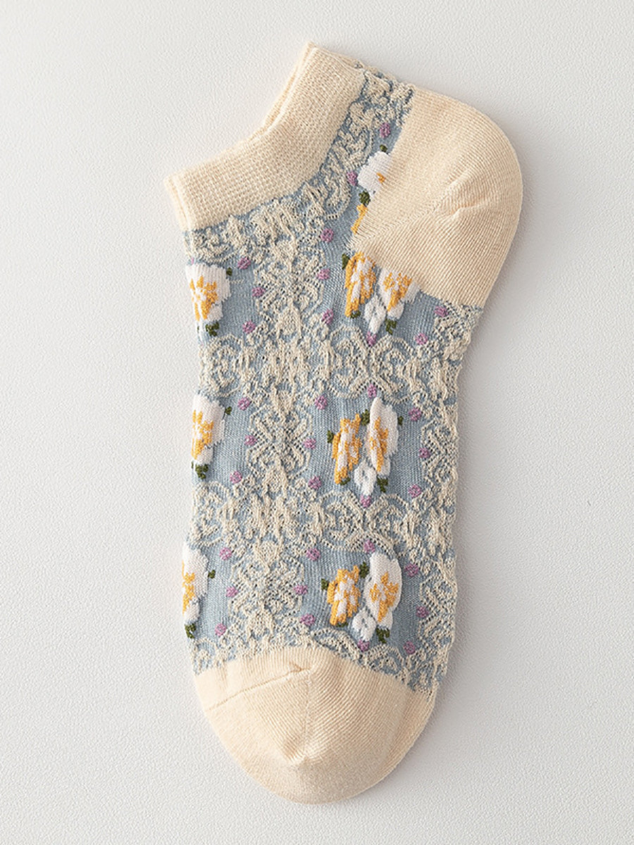 4 Pairs Women Summer Artsy Flower Jacquard Socks AS1009 Ada Fashion