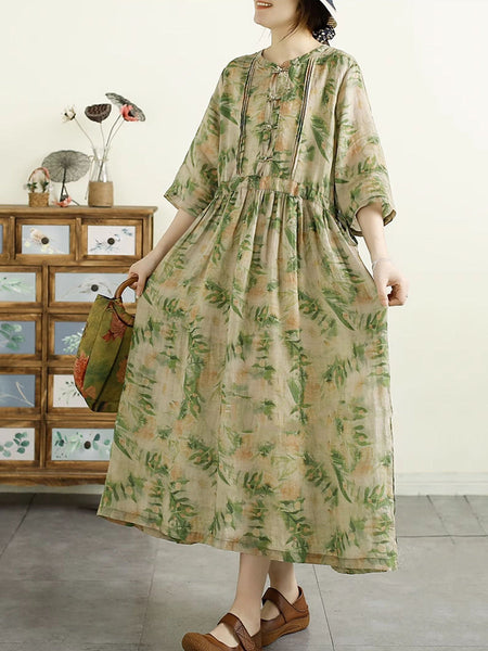 Women Summer Artsy Floral Shirred Ramie Dress QW1043 Ada Fashion