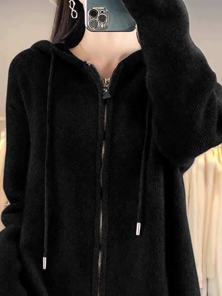 Women Autumn Casual 100%Wool Hooded Cardigan Sweater BA1059 Genistyle Shop