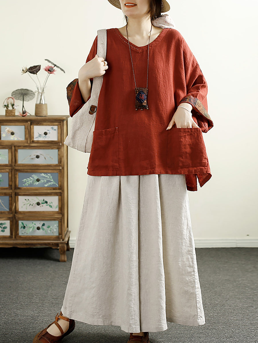 Plus Size Women Vintage Solid V-Neck 100%Linen Blouse AK1006 Genistyle Shop