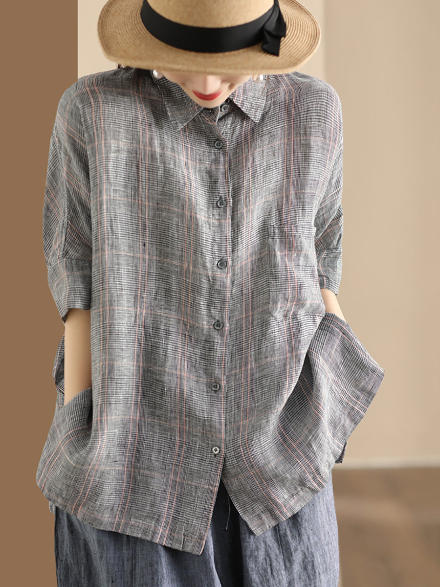 Women Retro Summer Plaid Linen Button-Up Blouse CO1006 Ada Fashion