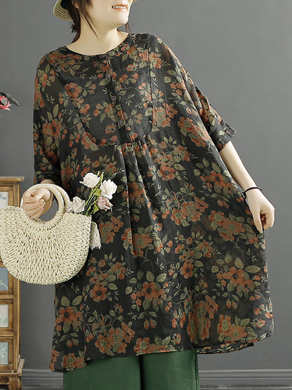 Women Summer Floral Vintage Ramie Long Shirt KL1052 Ada Fashion