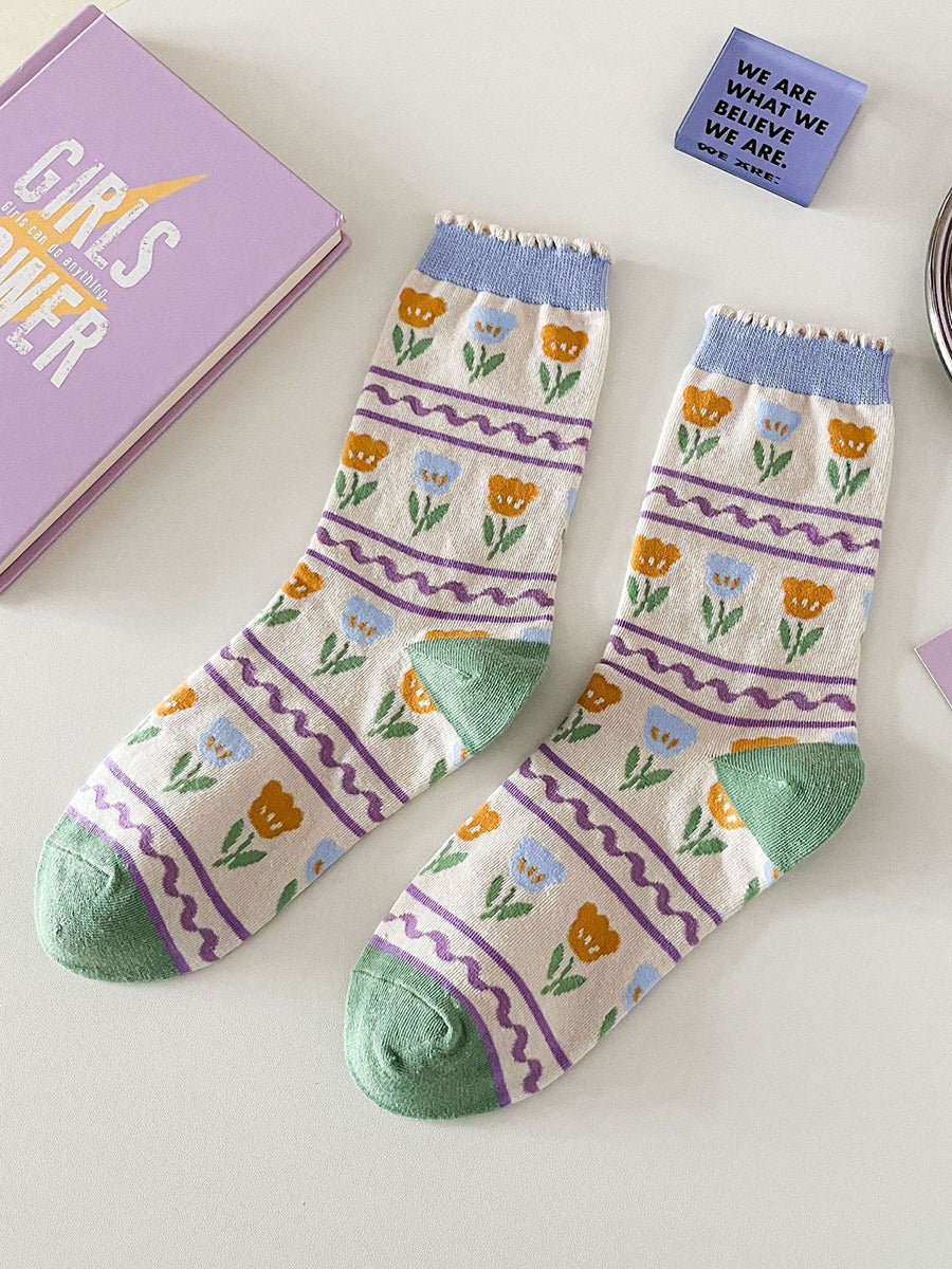 5 Pairs Women Artsy Flower Cotton Socks IO1012 Ada Fashion