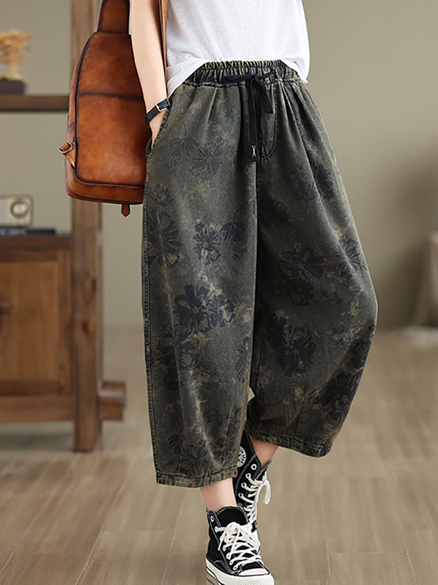 Women Summer Vintage Flower Denim Harem Pants LL034 BUYKUD