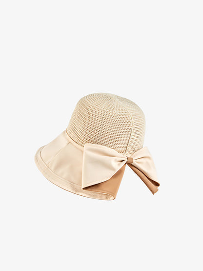 Women Summer Artsy Solid Spliced Bowknot Sunproof Hat CX001 BUYKUD