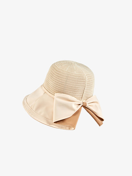 Women Summer Artsy Solid Spliced Bowknot Sunproof Hat CX001 BUYKUD