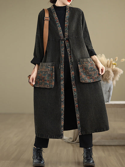 Women Autumn Worn Patch Colorblock Denim Coat AH1067 BK