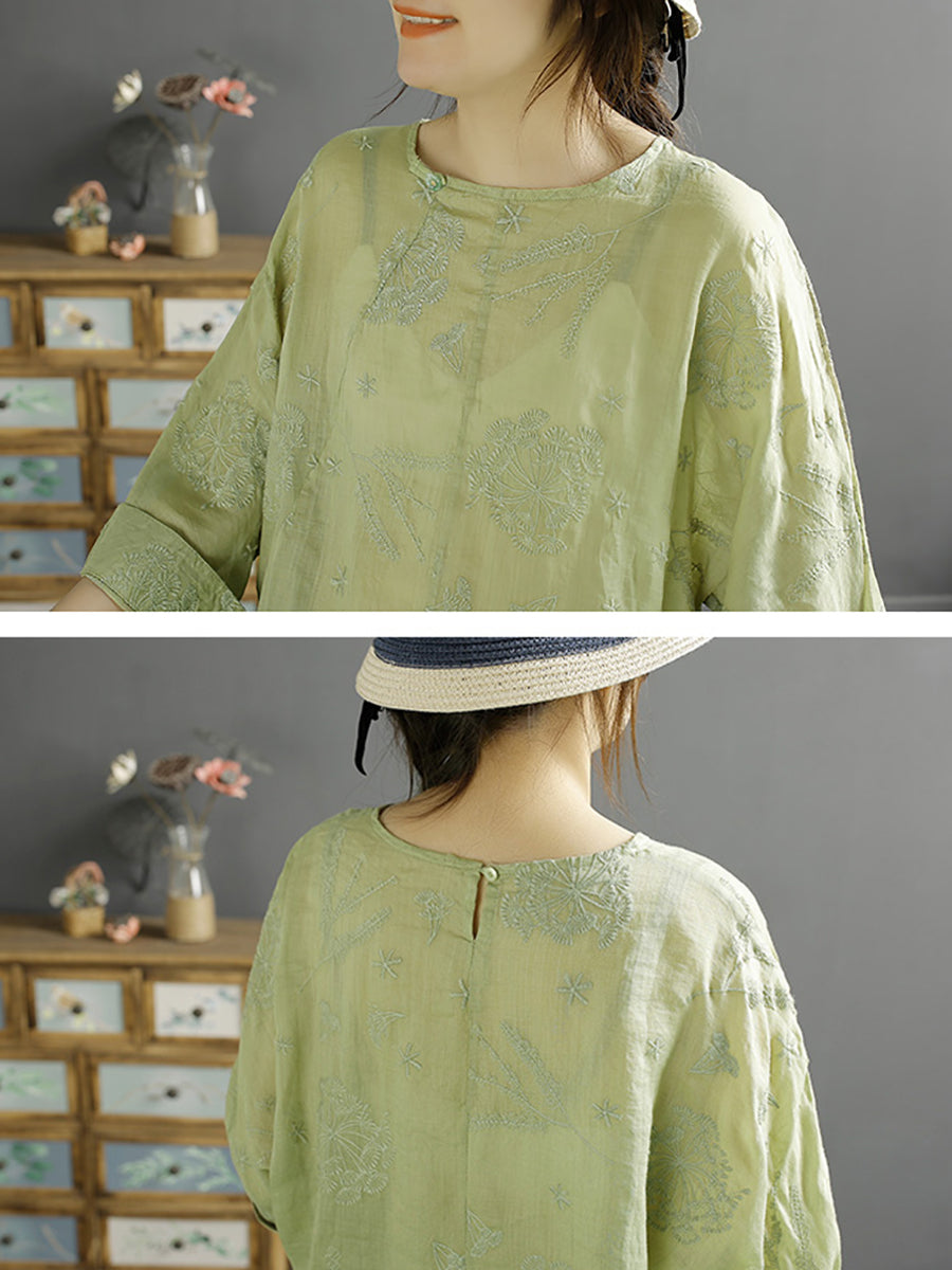 Women Vintage Embroidery Solid Ramie Shirt AA1012 Ada Fashion