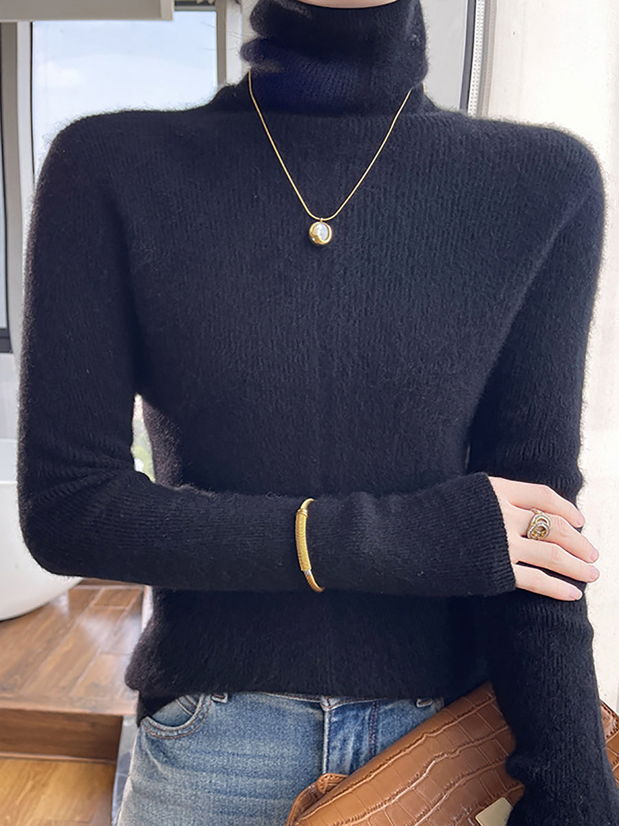 Women Autumn Casual Turtleneck 100%Wool Soft Sweater QU013 BK