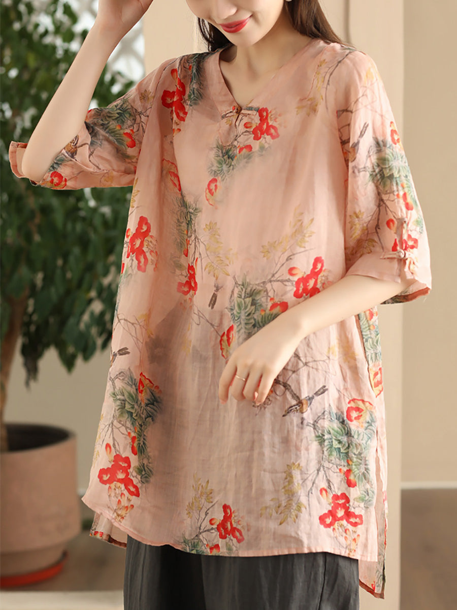 Women Summer Vintage Flower Buckle Ramie Long Shirt LL039 BUYKUD