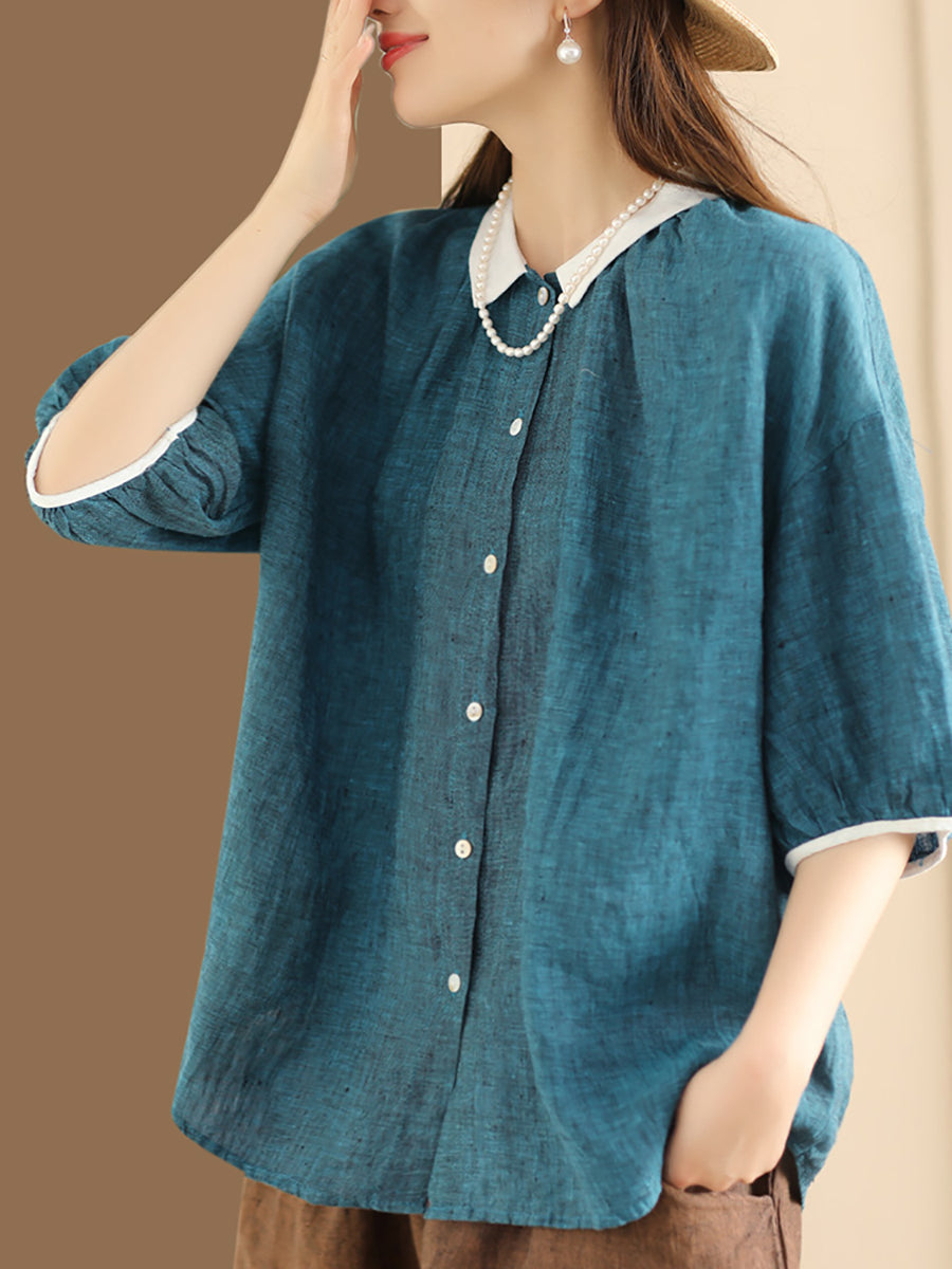 Women Summer Artsy Colorblock Button-up Linen Shirt XX1009 Ada Fashion