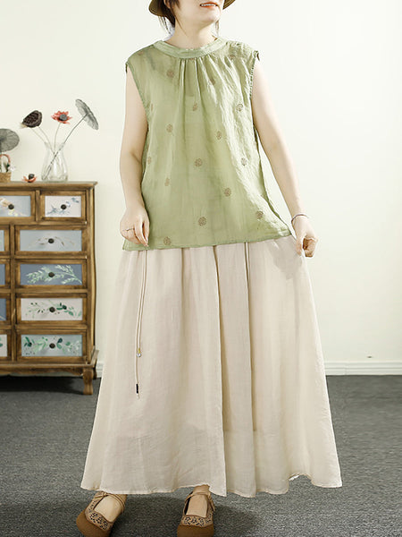 Women Summer Artsy Embroidery Stand Collar Ramie Vest HH021 LPP