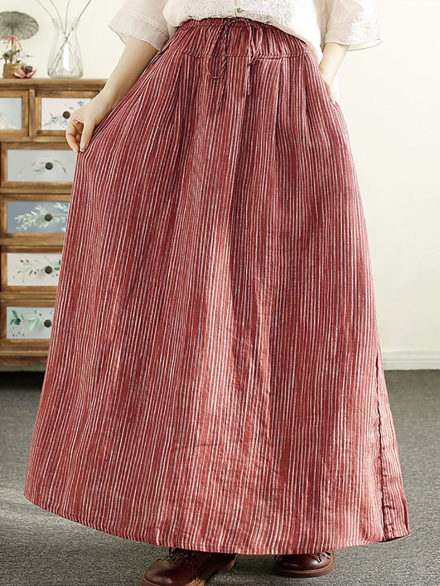 Women Summer Stripe Loose Cotton Drawstring Skirt OP1052 BUYKUD