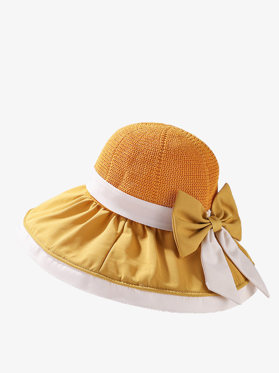 Women Summer Colorblock Large Brim Bowknot Hat WE1003 Ada Fashion