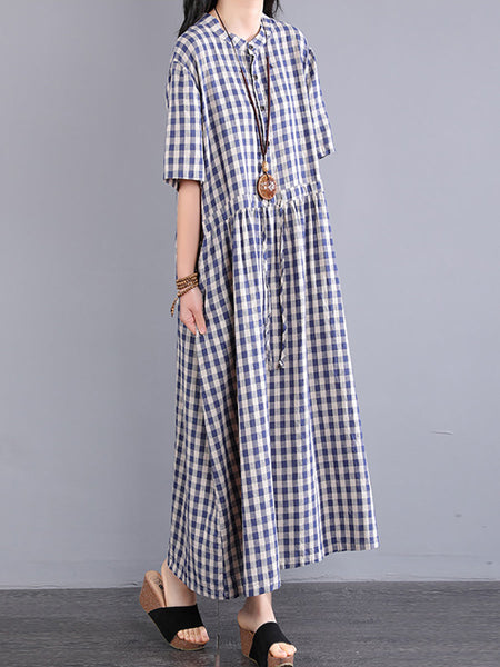 Plus Size Women Casual Plaid Summer Cotton Linen Dress SC1061 Ada Fashion