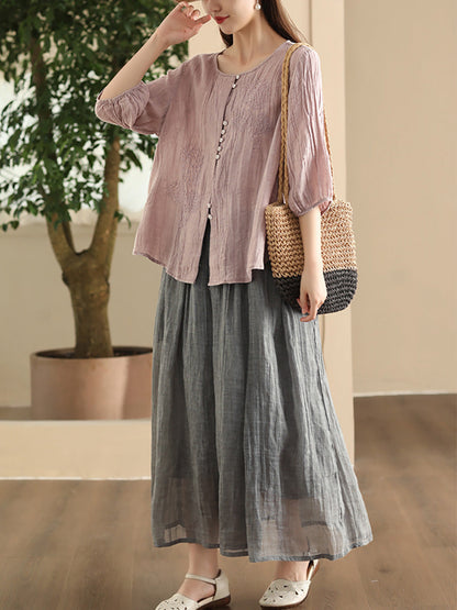 Women Summer Vintage Embroidery Solid Button Ramie Shirt FD012 JPFS