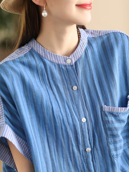 Women Summer Artsy Stripe Spliced Linen Shirt WE1039 Ada Fashion