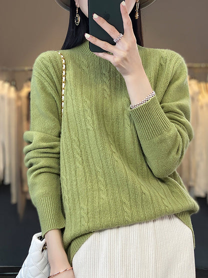 Women Autumn Solid Cable Knit 100%Wool Half Turtleneck Sweater QN027 BK
