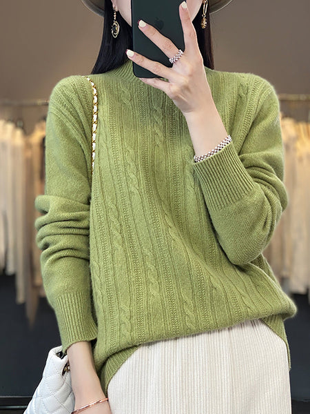 Women Autumn Solid Cable Knit 100%Wool Half Turtleneck Sweater QN027 BK