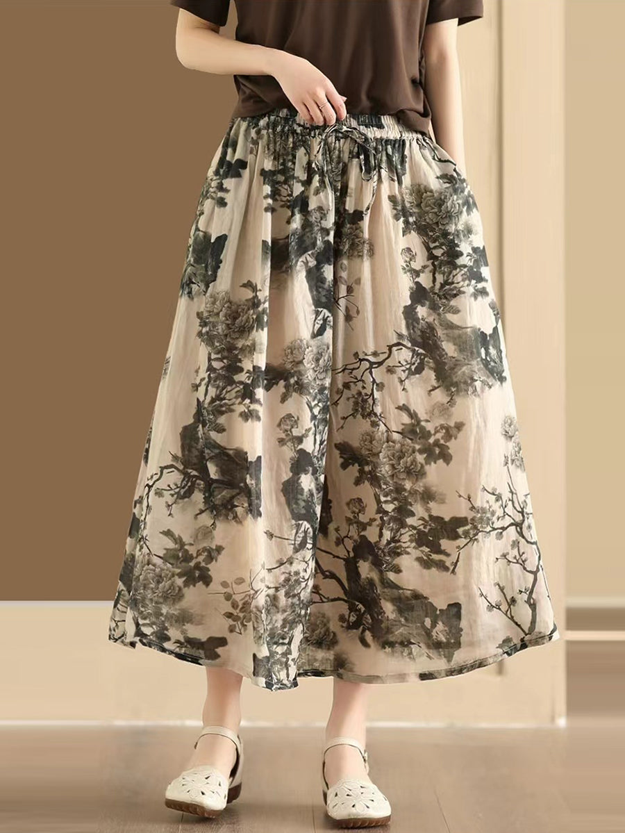 Women Vintage Summer Flower Ramie Loose Skirt QW1006 Ada Fashion