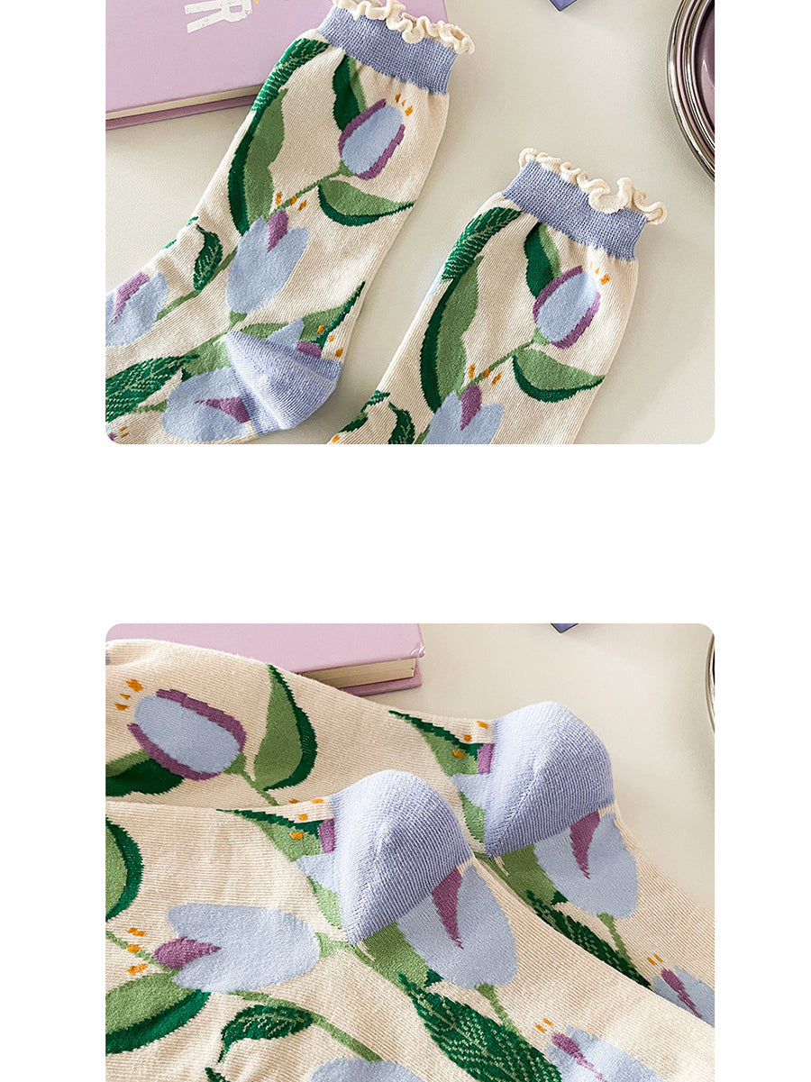 5 Pairs Women Artsy Flower Cotton Socks IO1012 Ada Fashion