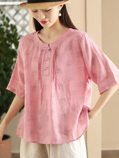 Women Summer Artsy Flower Stand Collar Ramie Shirt LL040 BUYKUD