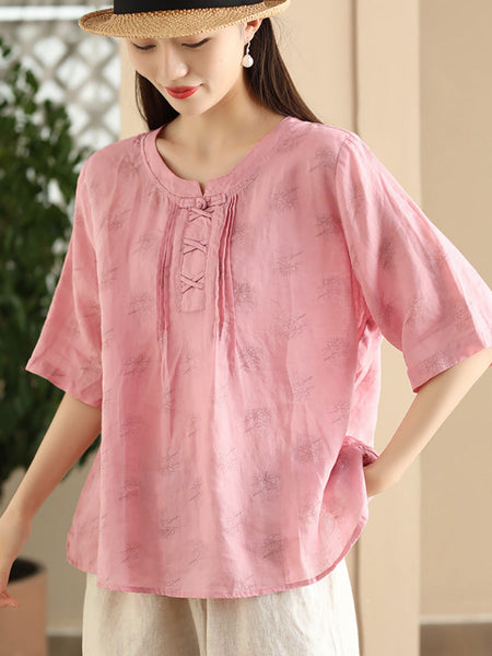 Women Summer Artsy Flower Stand Collar Ramie Shirt LL040 BUYKUD
