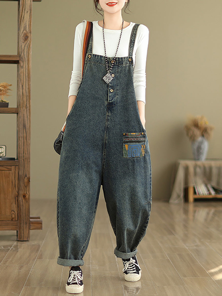 Women Casual Patchwork Loose Denim Jumpsuits JJX