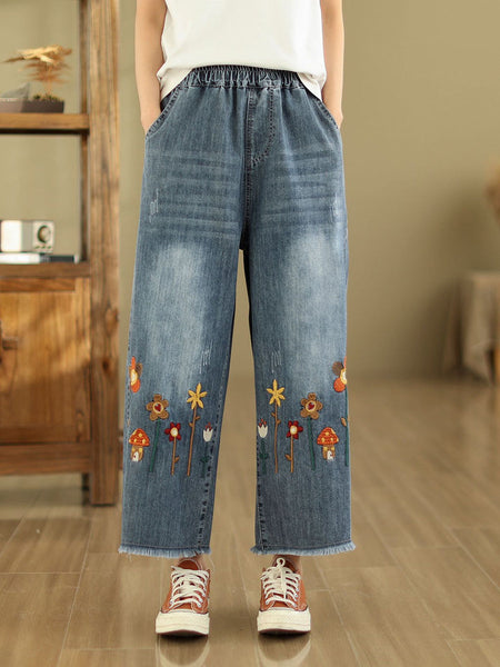 Women Summer Retro Embroidery Frayed Straight Denim Pants AS1042 Ada Fashion