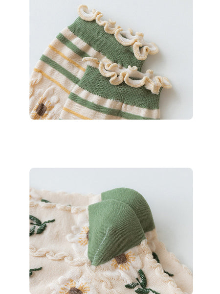 5 Pairs Women Artsy Flower Green Mid-Calf Socks IO1011 Ada Fashion