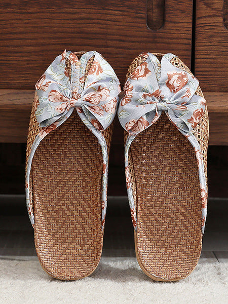 Bowknot Ethnic Weave Women Indoor Slippers Straw Flower FashionChic