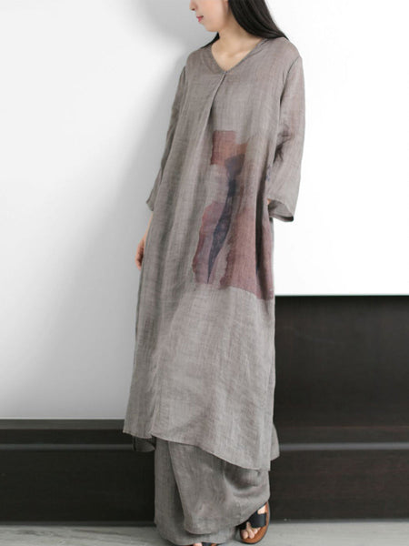 Plus Size Women Vintage Print 100%Ramie Long Shirt+Pants ZZ1056 Ada Fashion