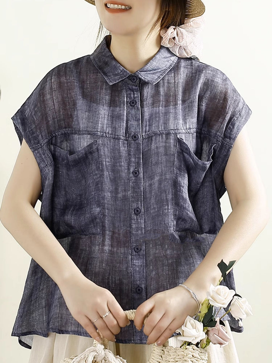 Women Summer Vintage Solid Button-up 100%Ramie Shirt CV1010 Ada Fashion