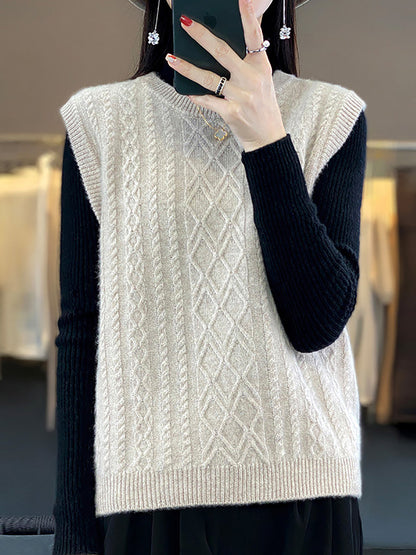 Women Casual Wool O-Neck Twist Knit Vest QU007 BUYKUD