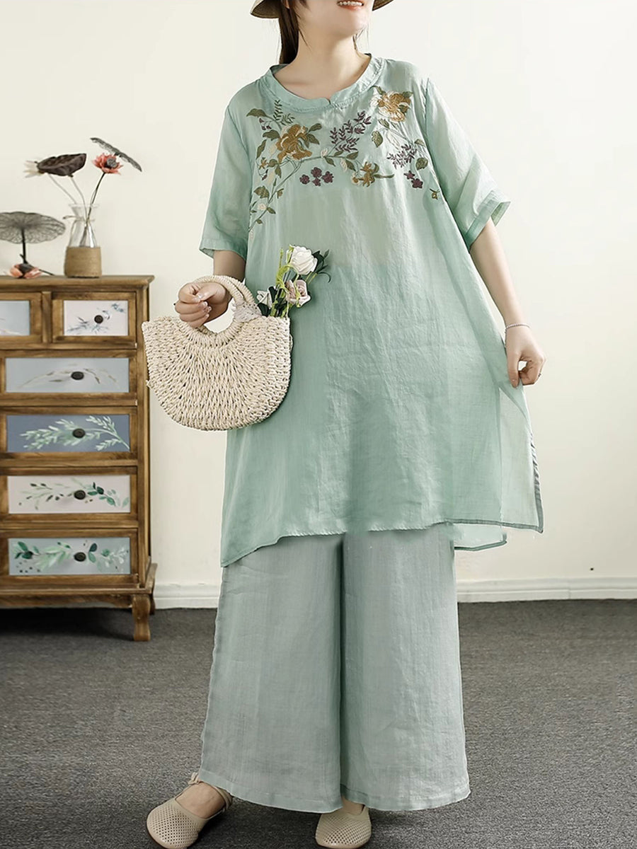 Women Summer Artsy Flower Embroidery Ramie Shirt TY1026 Ada Fashion