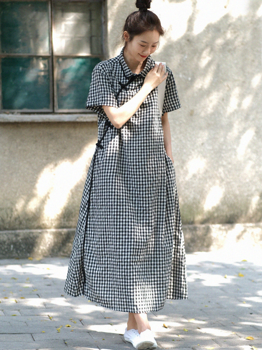Plus Size Women Summer Vintage Plaid Frog Loose Dress WE1031 Ada Fashion