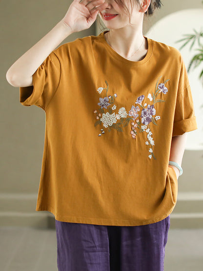 Women Summer Flower Embroidery Cotton O-Neck Shirt AS1007 Ada Fashion