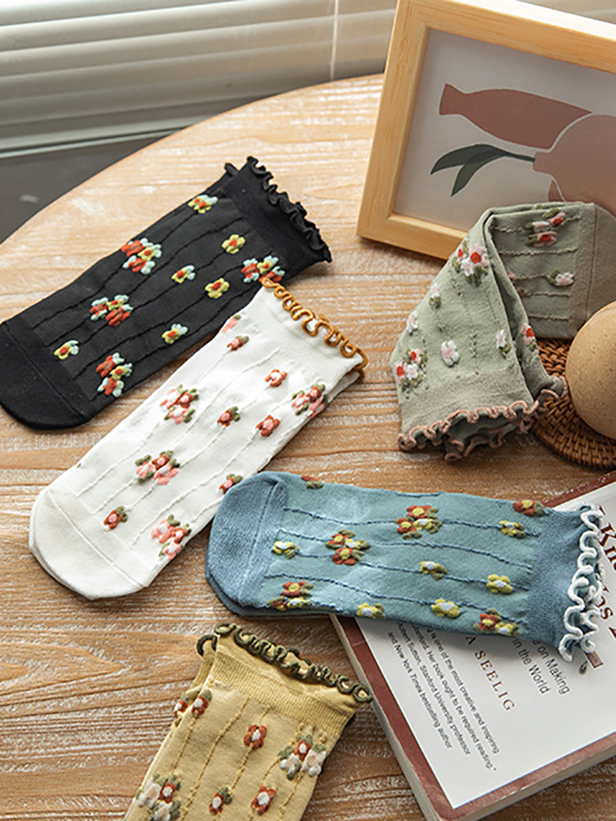 5 Pairs Women Summer Artsy Flower Jacquard Socks OO1032 BUYKUD