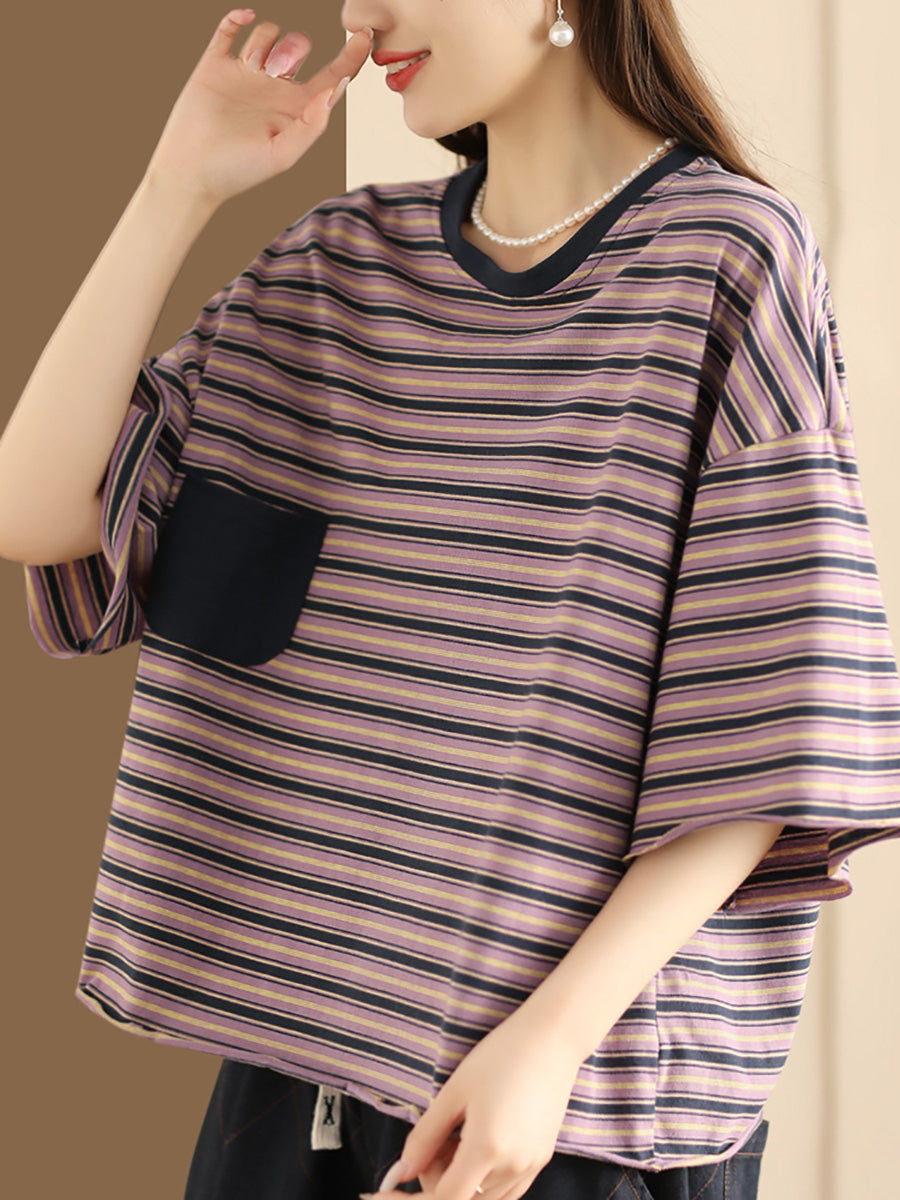 Women Casual Summer Stripe Spliced Loose Shirt CO1047 Ada Fashion