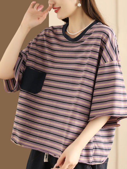 Women Casual Summer Stripe Spliced Loose Shirt CO1047 Ada Fashion