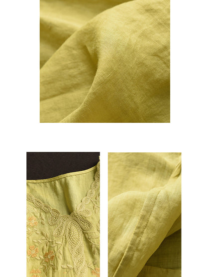 Women Summer Artsy Flower Embroidery Ramie V-Neck Shirt CC030 LPP