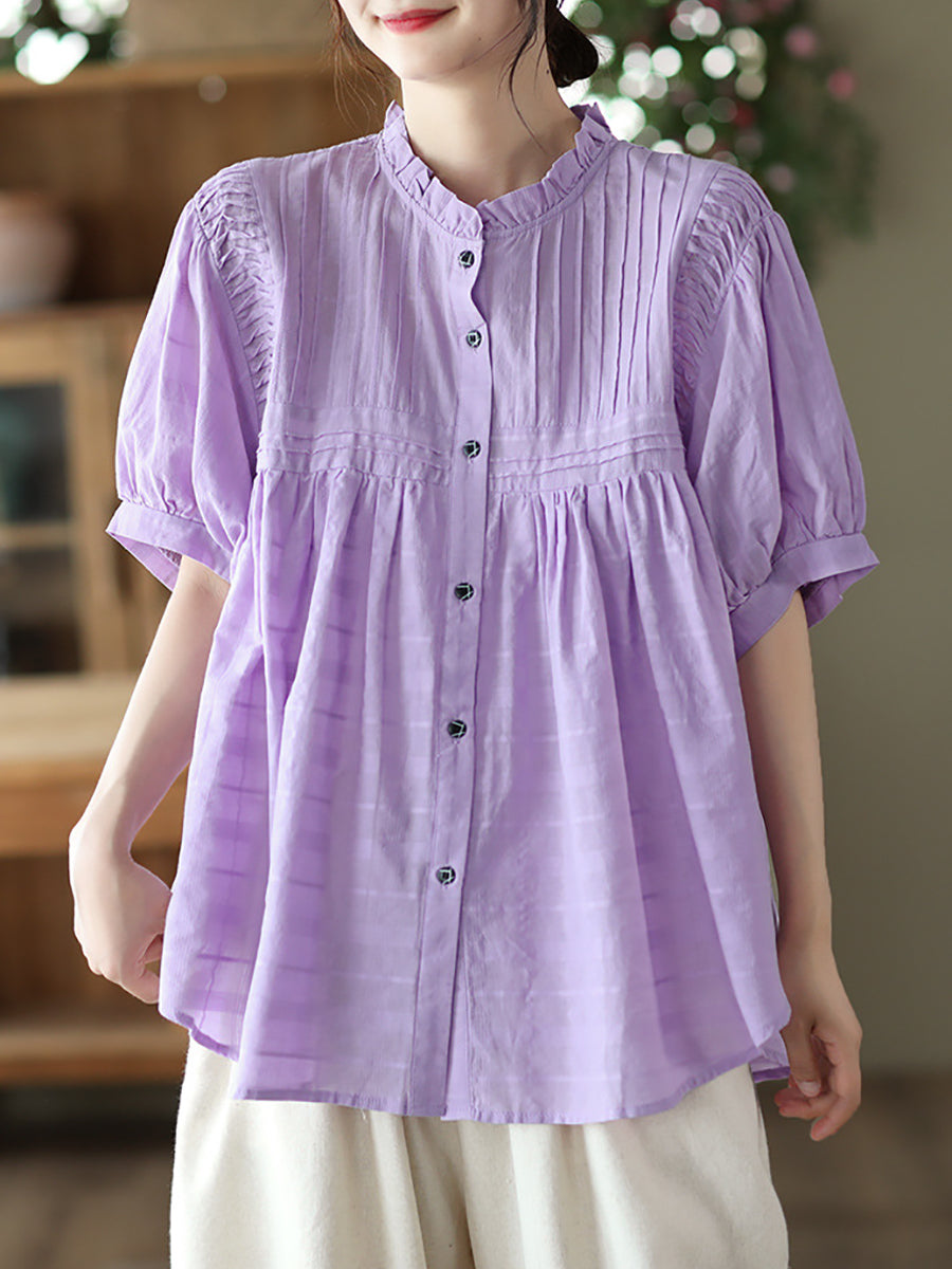 Women Artsy Shirred Stripe Cotton Agaric-Lace Shirt OP1006 BUYKUD