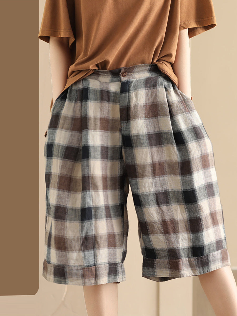Women Summer Casual Plaid Linen Wide-leg Pants PP1028 BUYKUD