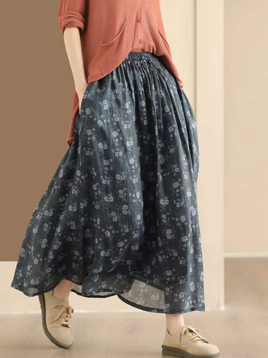 Women Vintage Summer Flower Ramie Loose Skirt QW1006 Ada Fashion