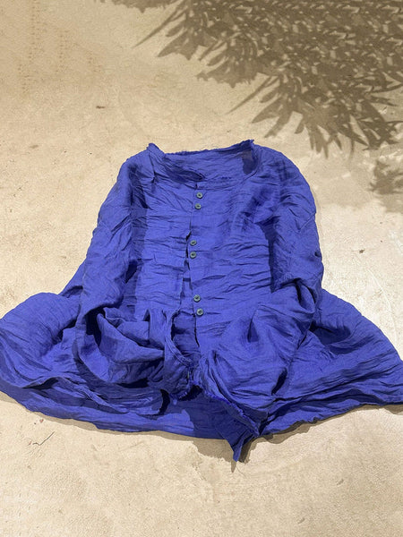 Solid Loose Women Blouse Vintage Collar Stand Ramie FashionChic