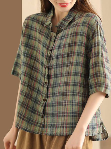 Women Artsy Plaid Summer Button-up Linen Shirt KL1012 Ada Fashion