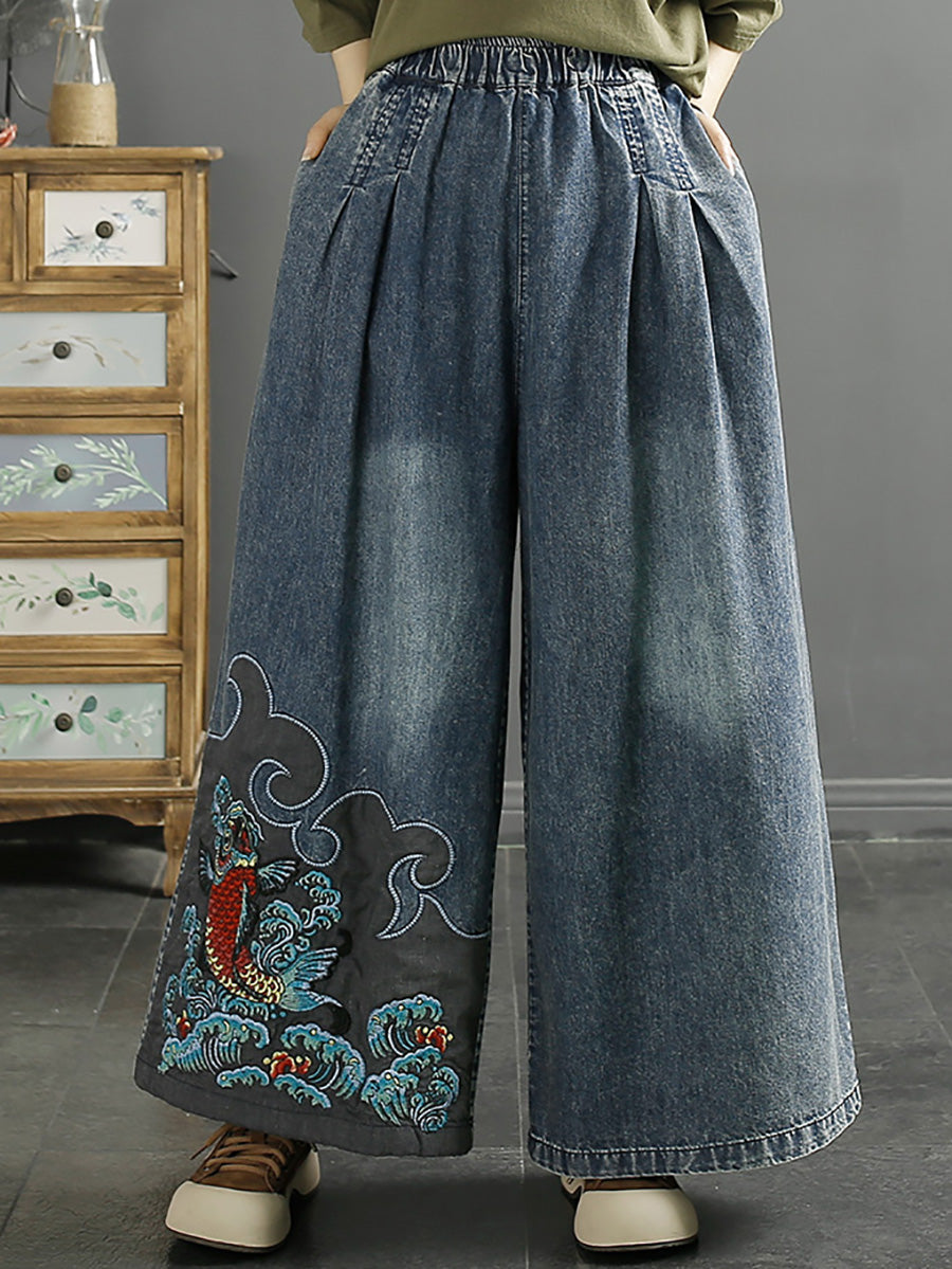 Women Summer Vintage Koi Embroidery Wide-leg Denim Pants CO1049 Ada Fashion